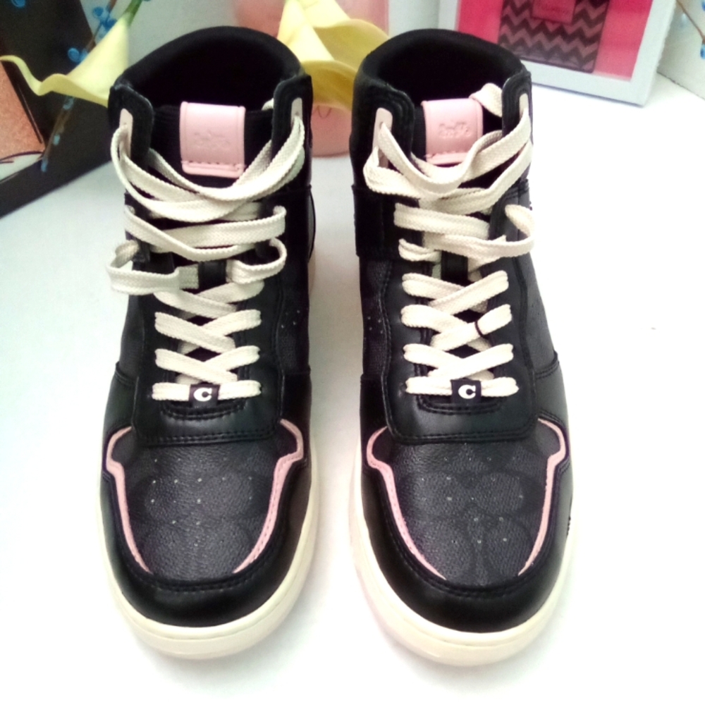 Coach Sneakers Women Size 9 Black & Pink CD304 Hi Top Canvas Shoes NWT